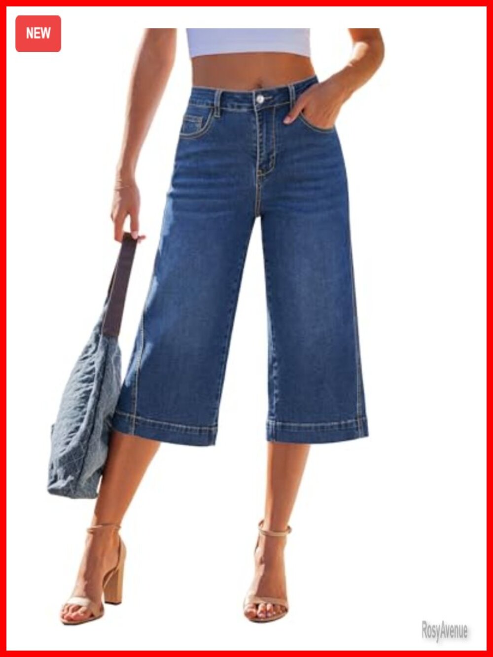 High Waisted Wide Leg Stretch Denim Capri Jeans Side Seam